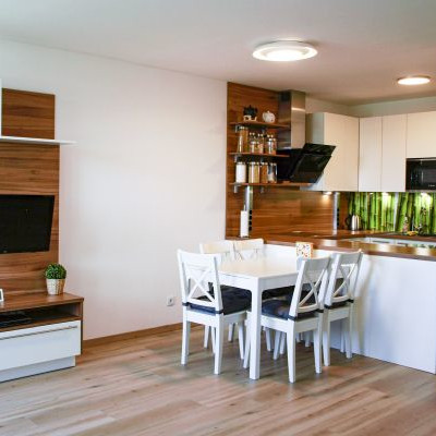Offene Wohnküche mit kombinierter Wohnwand