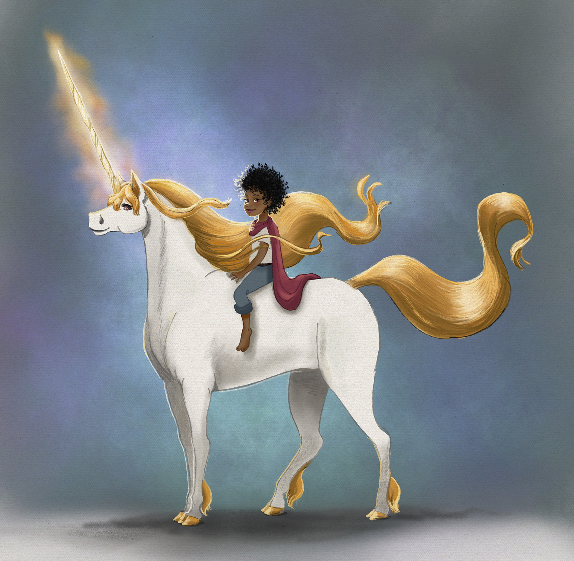 Magisches goldenes Einhorn mit kleinem Afroamerikanischem Mädchen